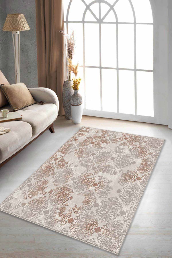Tarçın Damask Desen Kaymaz Tabanlı Dekoratif Halı AL006
