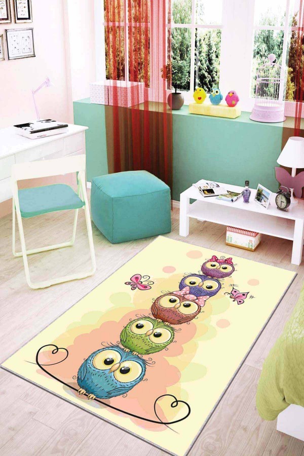 Sarı Kaymaz Tabanlı Yıkanabilir Baykuşlu Çocuk Halısı AR061