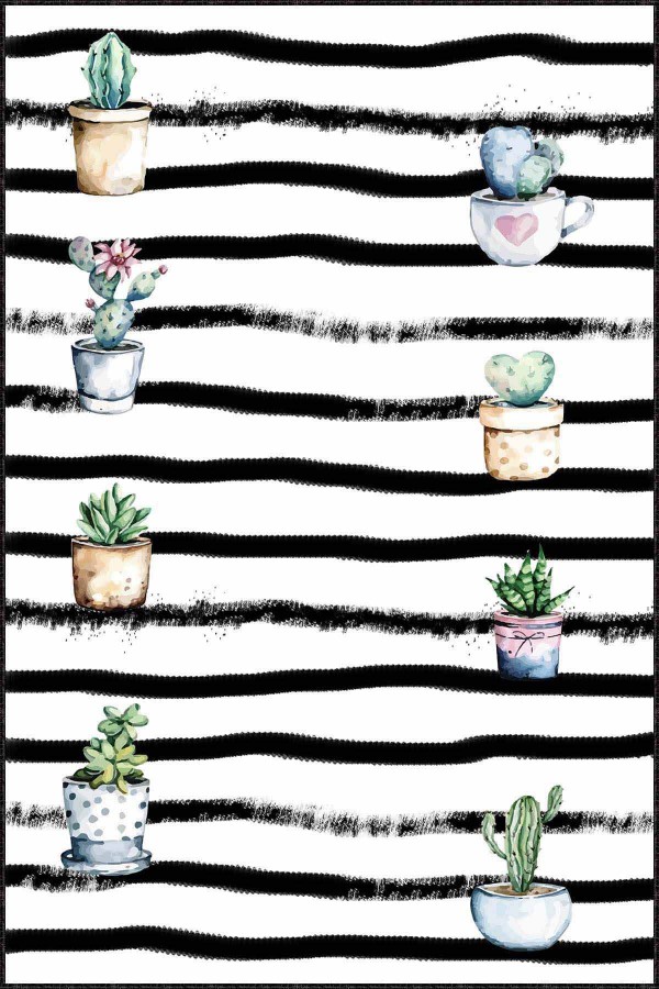 Yeşil Kaymaz Tabanlı Kaktüs Desenli Mutfak Halısı AR1117