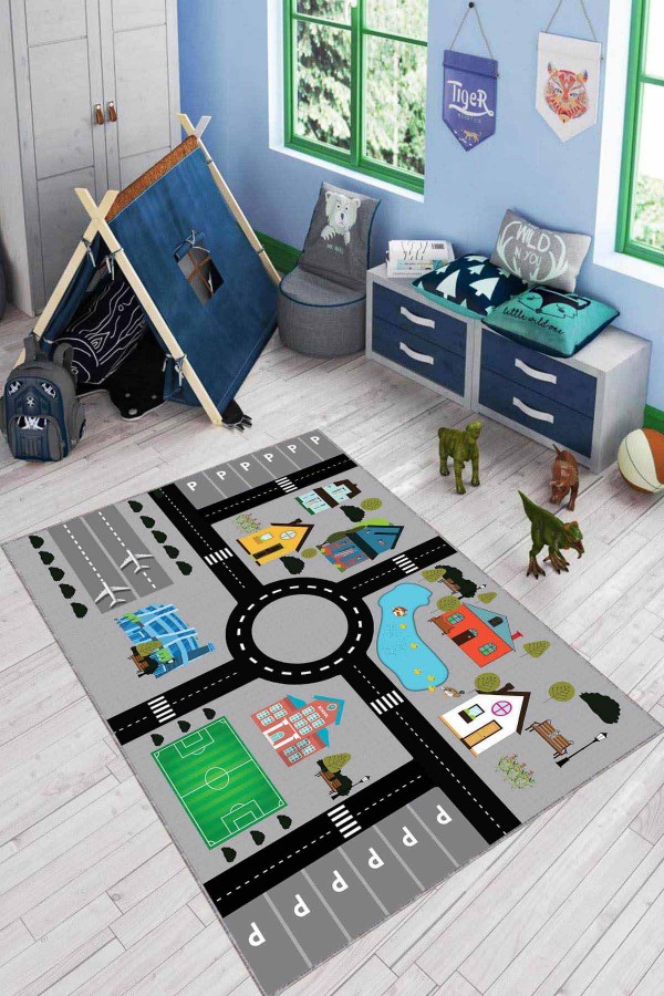 Gri Kaymaz Tabanlı Yıkanabilir Uçaklı Çocuk Halısı AR1122