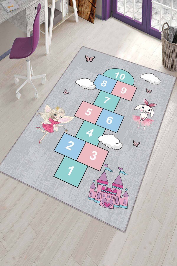 Çok Renkli Kaymaz Tabanlı Seksekli Çocuk Halısı AR1130