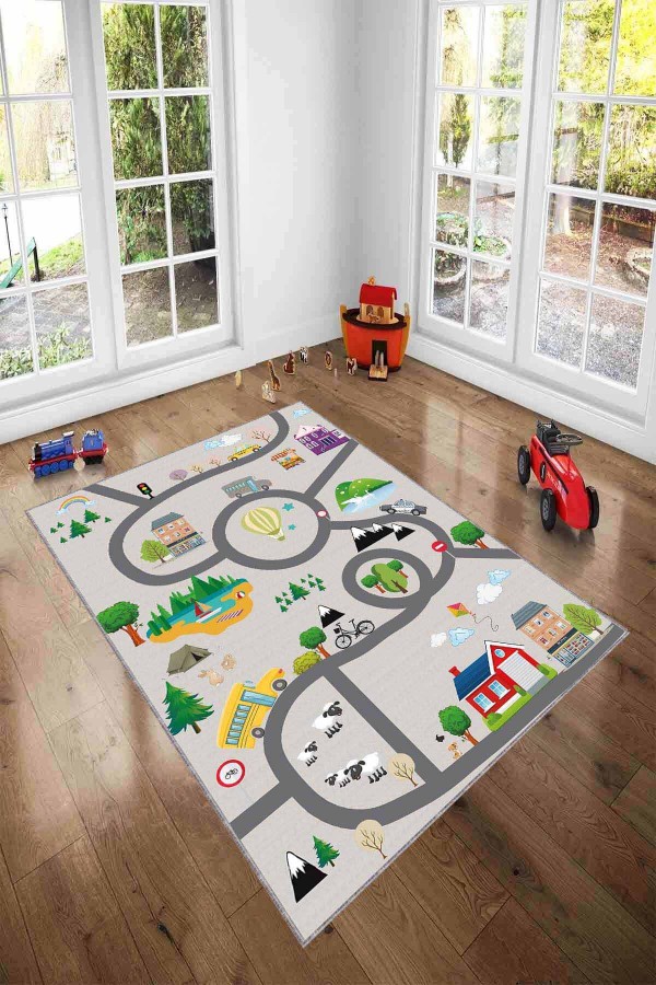 Gri Kaymaz Tabanlı Otoyollu Oyun Halısı Çocuk Halısı AR1133