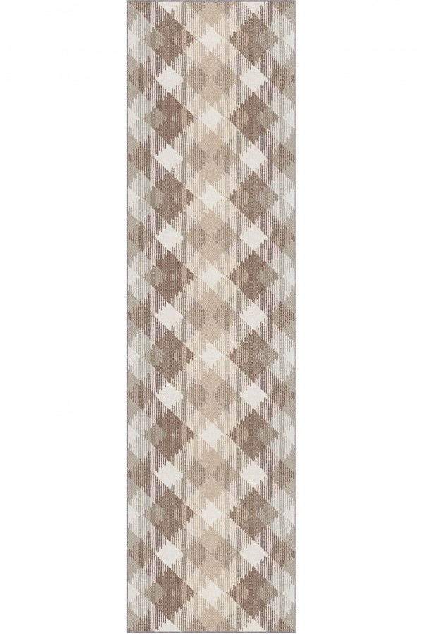 Bej Kaymaz Makinede Yıkanan Kareli Kesme Yolluk AR1224