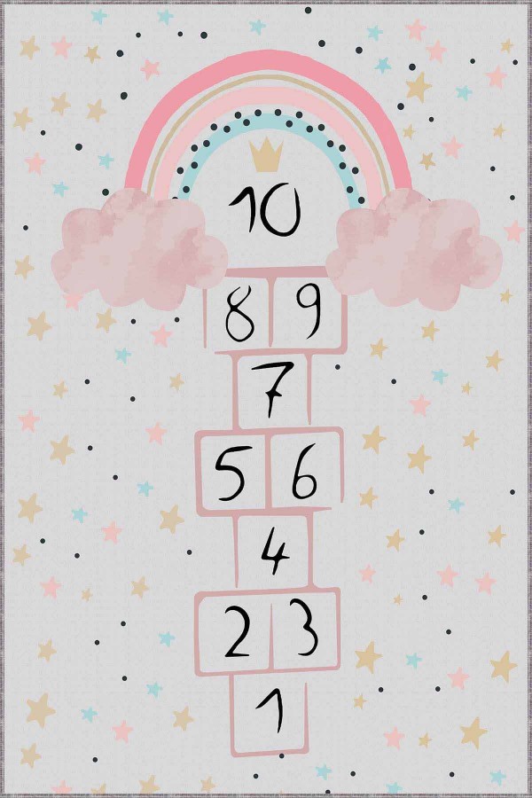 Ekru Kaymaz Tabanlı Seksekli Oyun Halısı Çocuk Halısı AR1343