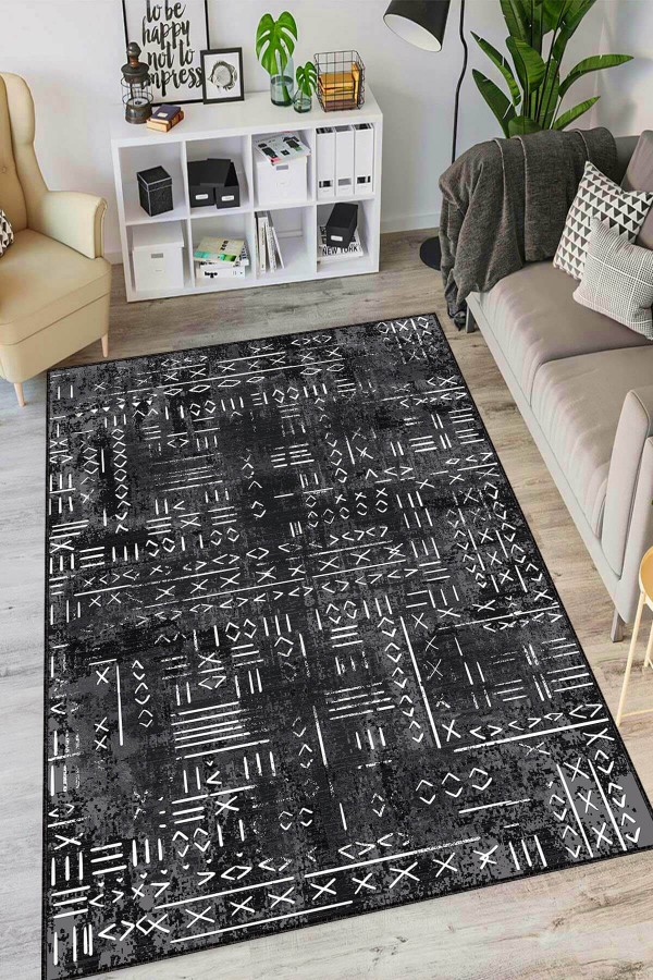 Siyah Kaymaz Tabanlı Etnik Mutfak Halısı AR1370