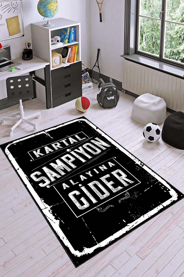 Siyah Beyaz Kaymaz Tabanlı Beşiktaş Taraftar Halısı AR191