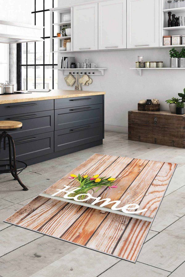 Bej Kaymaz Tabanlı Yıkanır 3D Üç Boyutlu Mutfak Halısı AR198