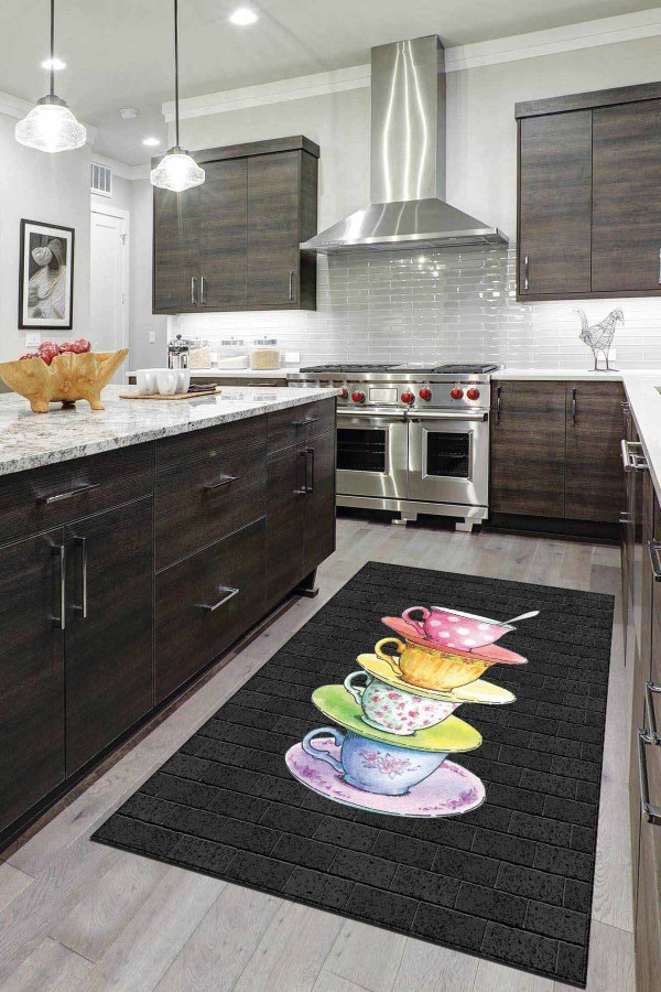 Siyah Kaymaz Taban Yıkanabilir Fincanlı Mutfak Halısı AR209