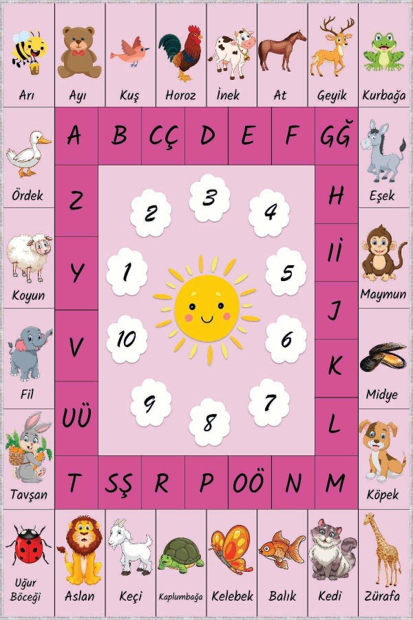 Pembe Kaymaz Tabanlı Eğitici Harfli Çocuk Halısı AR241