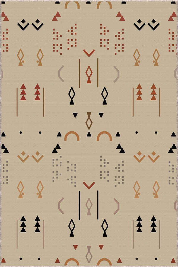 Bej Kaymaz Tabanlı Yıkanır Etnik Desenli Mutfak Halısı AR359