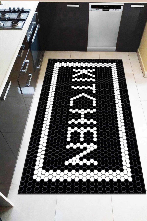 Siyah Kaymaz Tabanlı Kitchen Yazılı Mutfak Halısı AR444