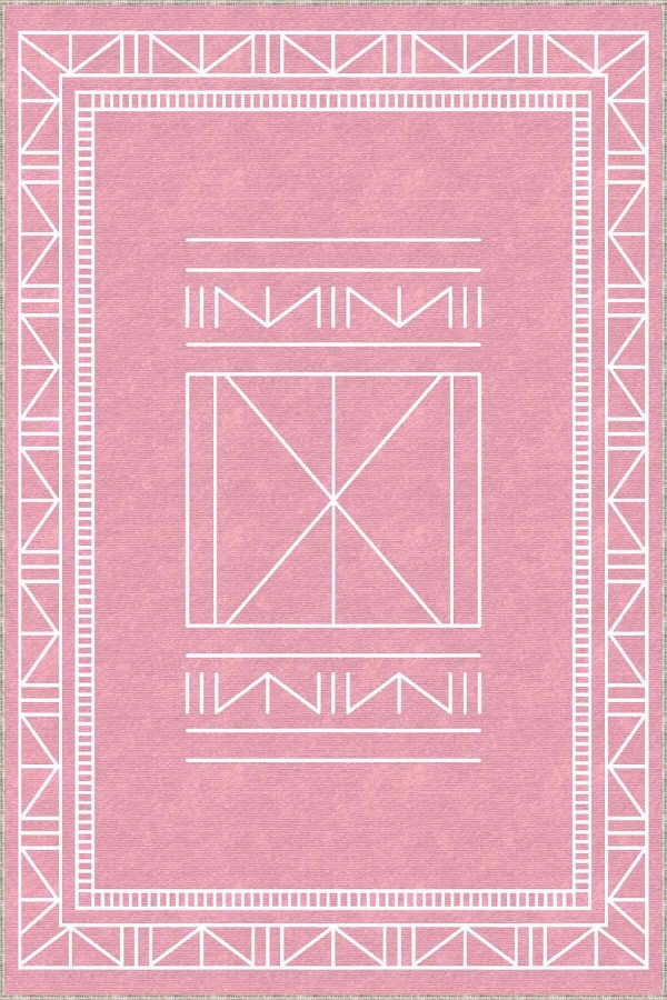 Pembe Kaymaz Taban Yıkanan Etnik Desenli Mutfak Halısı AR503