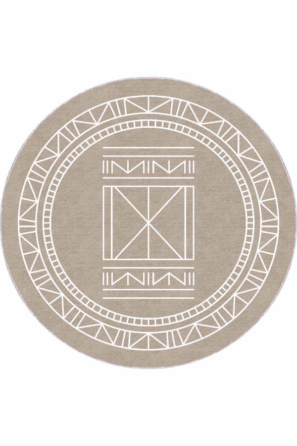 Bej Kaymaz Taban Etnik Desenli Yuvarlak Mutfak Halısı AR541