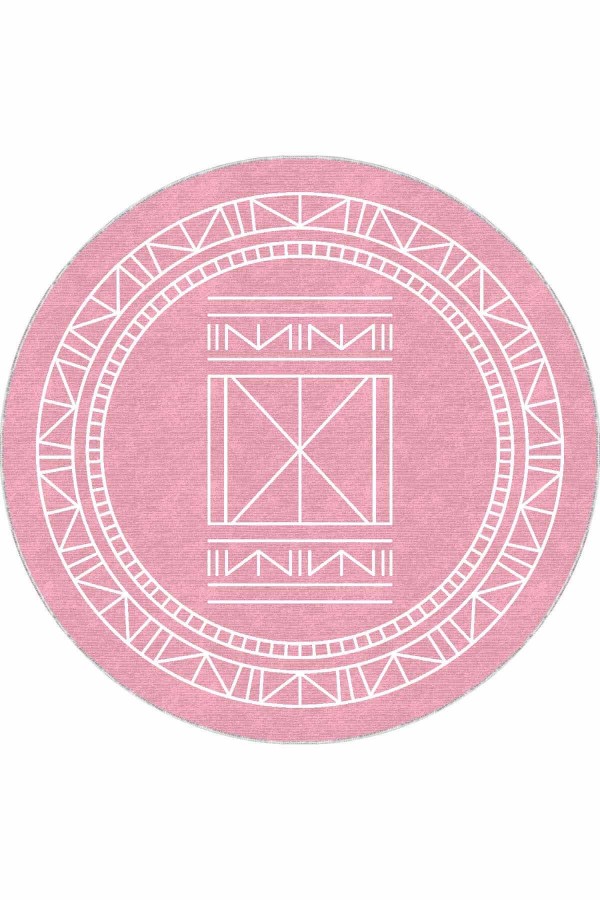 Pembe Kaymaz Taban Etnik Desen Yuvarlak Mutfak Halısı AR542