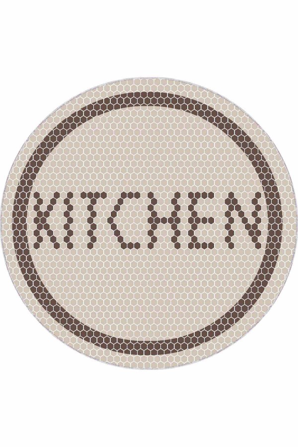 Bej Kaymaz Taban Kitchen Yazılı Yuvarlak Mutfak Halısı AR545