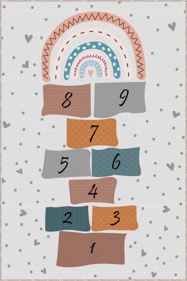 Ekru Kaymaz Tabanlı Seksekli Oyun Halısı Çocuk Halısı AR581