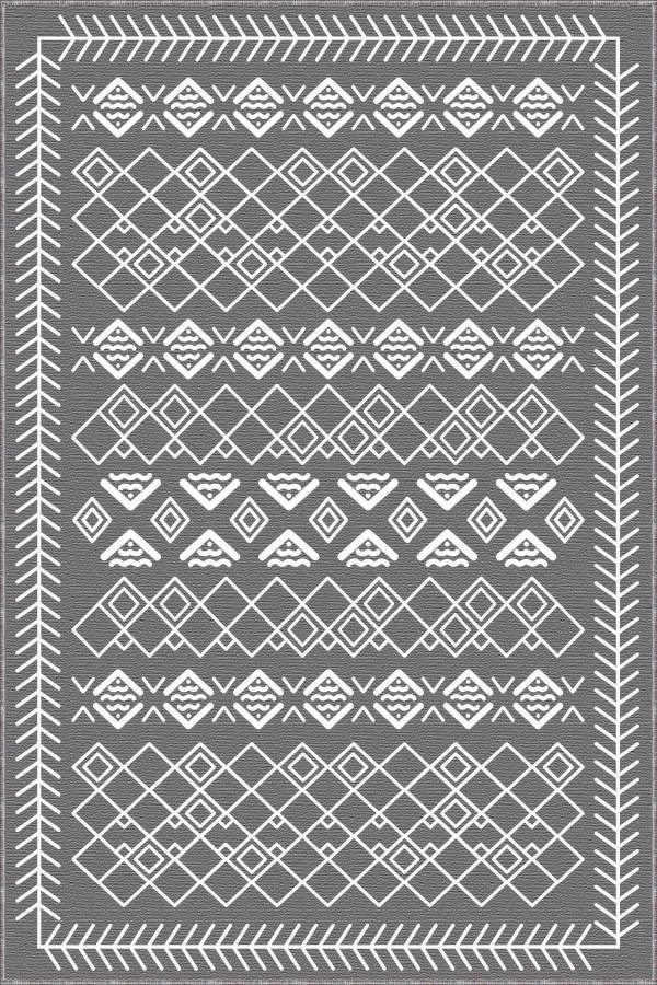 Gri Kaymaz Tabanlı Yıkanır Etnik Desenli Mutfak Halısı AR681