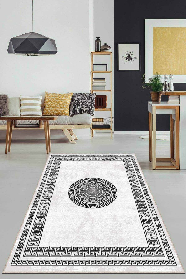 Siyah Beyaz Çerçeveli Kaymaz Tabanlı Dekoratif Halı AR688