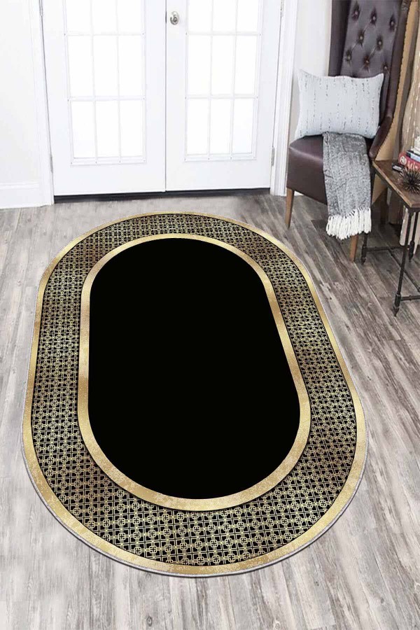 Siyah Gold Çerçeveli Kaymaz Tabanlı Hol Halısı Oval AR727