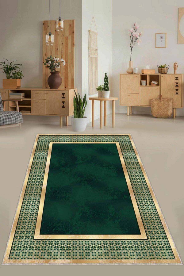 Yeşil Çerçeveli Kaymaz Taban Makinede Yıkanabilir Halı AR730
