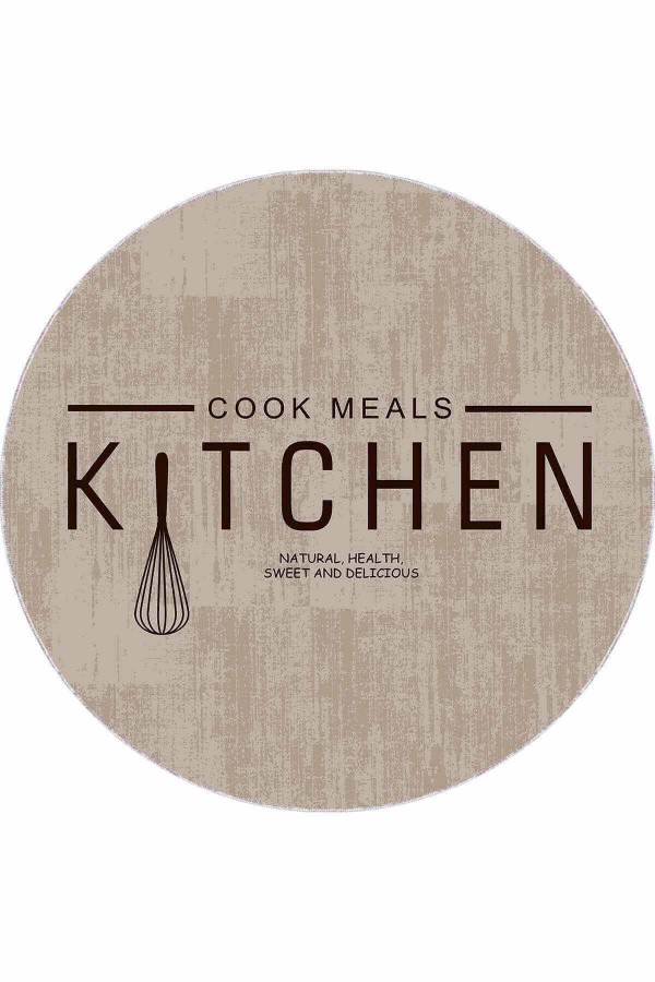 Bej Kaymaz Taban Kitchen Yazılı Yuvarlak Mutfak Halısı AR801