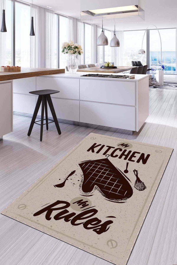 Bej Kaymaz Tabanlı My Kitchen My Rules Mutfak Halısı AR810