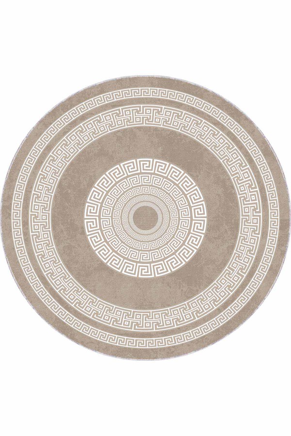 Bej Çerçeveli Kaymaz Tabanlı Yıkanabilir Yuvarlak Halı AR925