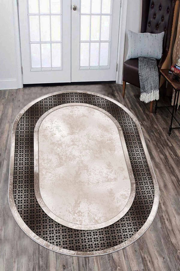 Bej Çerçeveli Kaymaz Tabanlı Yıkanabilir Oval Halı AR988