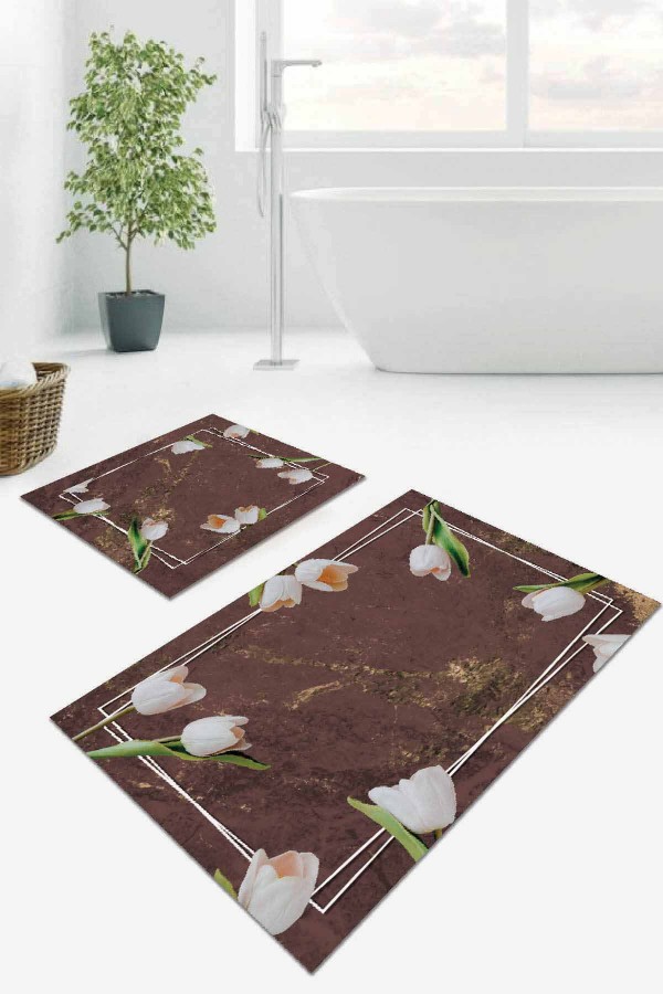 Kahverengi Çiçek Desen Banyo Halısı Klozet Paspas Seti BS012