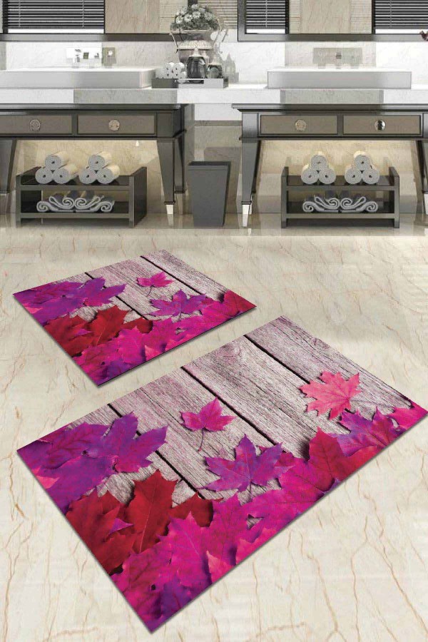 Fuşya Çınar 3D Banyo Halısı Klozet Takımı Paspas Seti BS026
