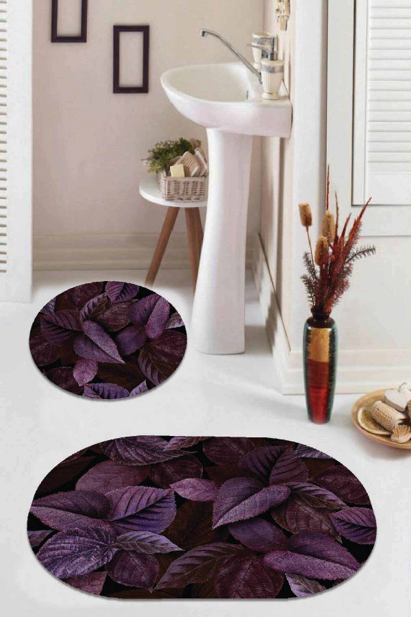 Mürdüm Yapraklı Banyo Halısı Klozet Oval Paspas Seti BS062
