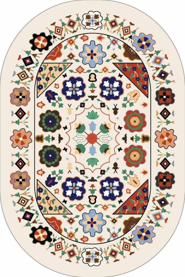 Krem Etnik Desen Banyo Halısı Klozet Oval Paspas Seti BS082