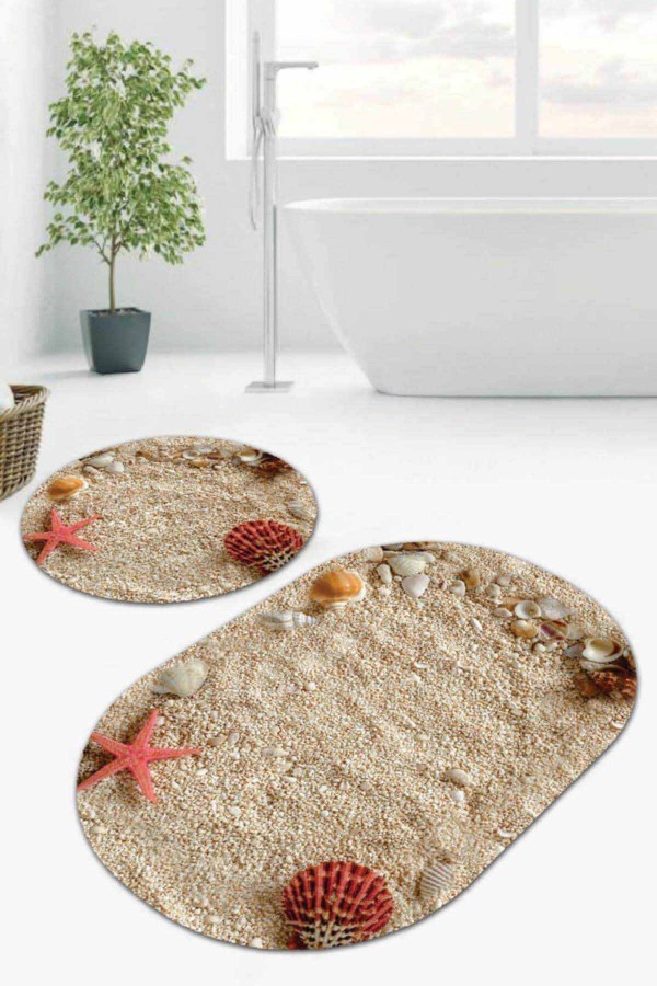Bej Deniz Kabuklu Banyo Halısı Klozet Oval Paspas Seti BS083
