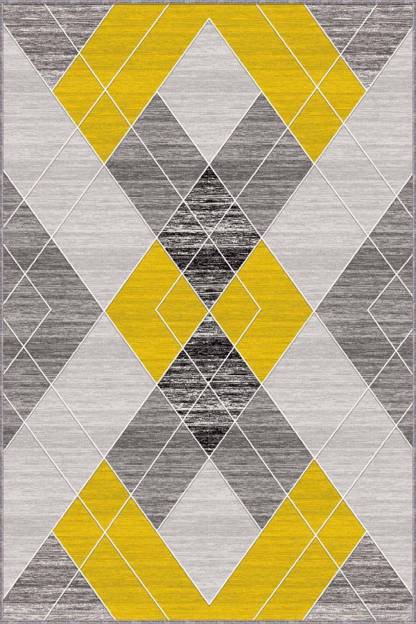 Sarı Geometrik Kaymaz Taban Makinede Yıkanabilir Halı DD002