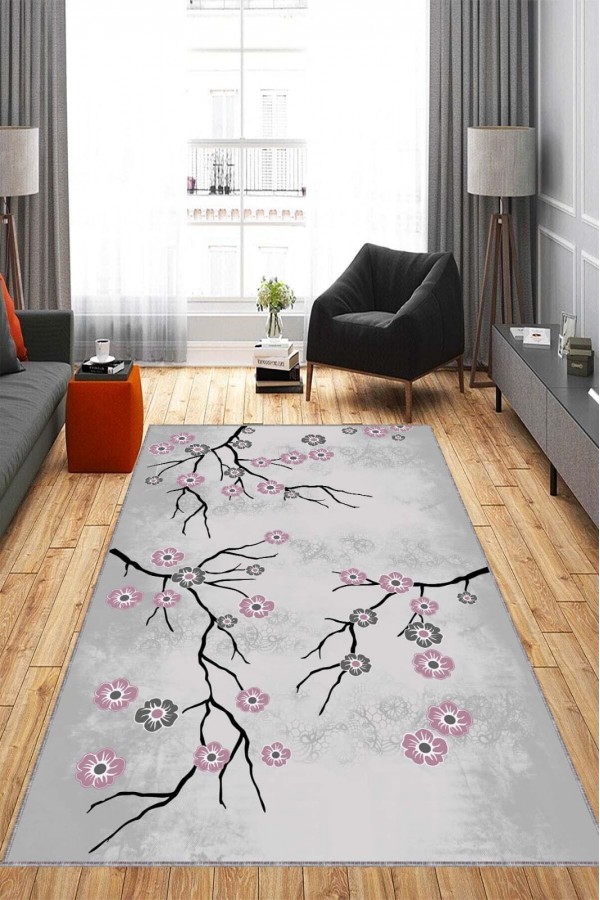 Pembe Çiçekli Kaymaz Tabanlı Makinede Yıkanabilir Halı FW007