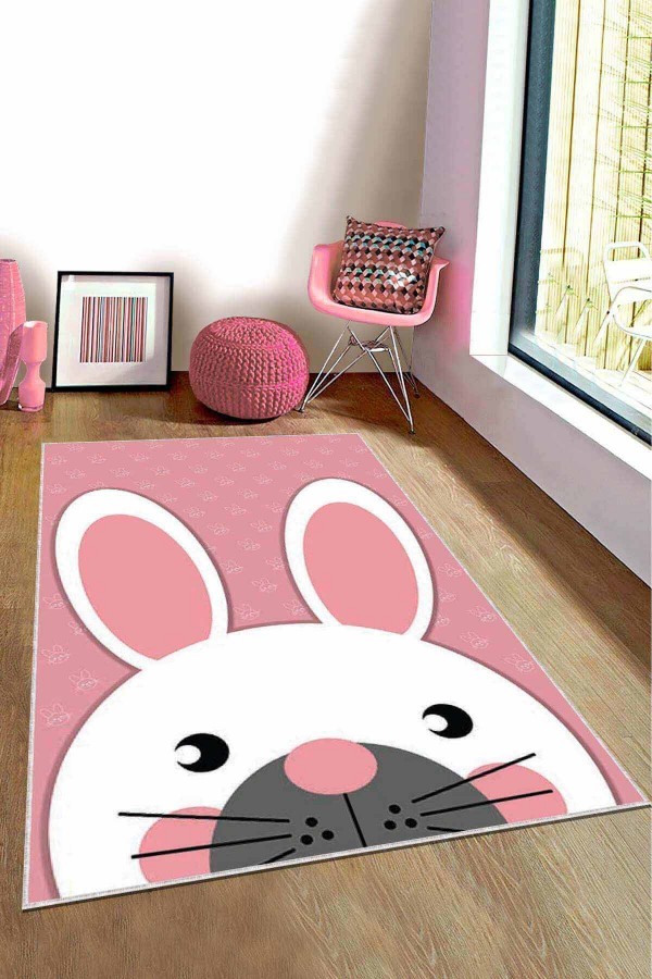 Pembe Yıkanabilir Kaymaz Tabanlı Tavşanlı Bebek Halısı KD003