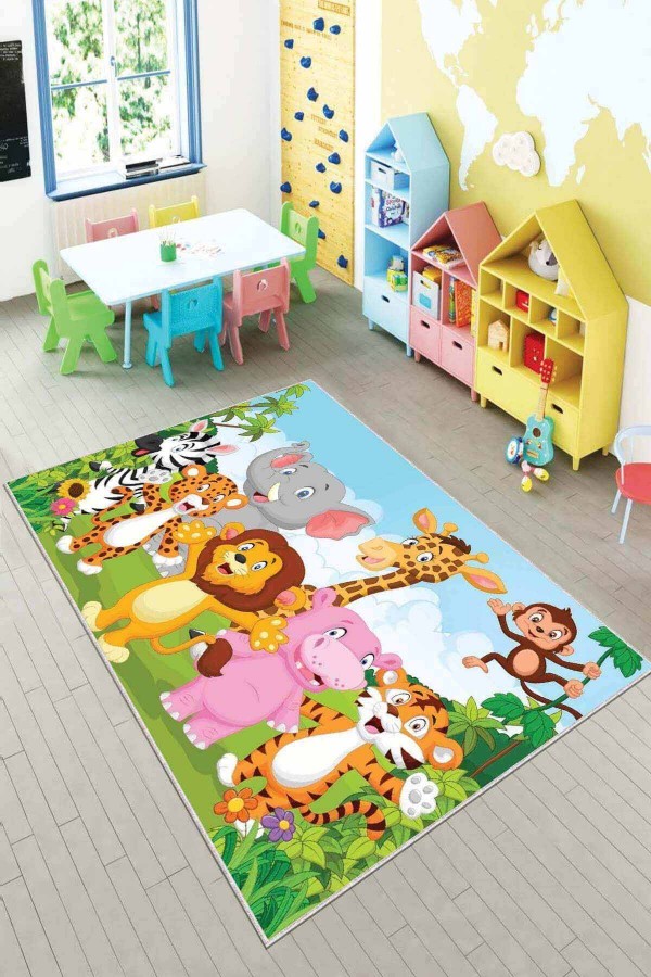 Çok Renkli Kaymaz Taban Sevimli Hayvanlar Çocuk Halısı KD74