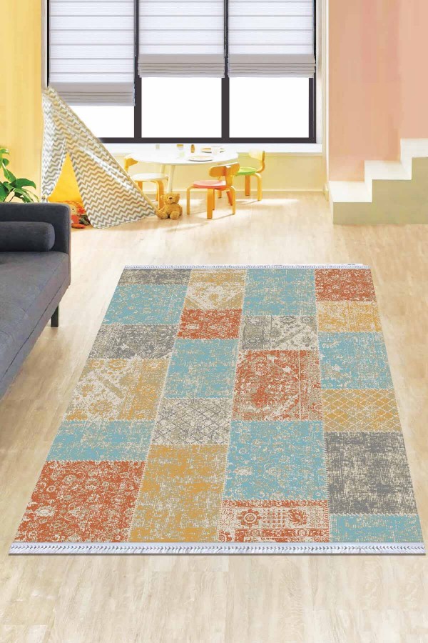 Mavi Patchwork Dokuma Pamuk Taban Kaymaz Kilim KLM068