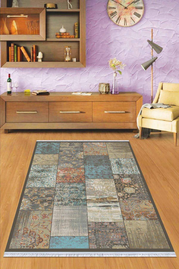 Mavi Patchwork Dokuma Pamuk Taban Kaymaz Kilim KLM071