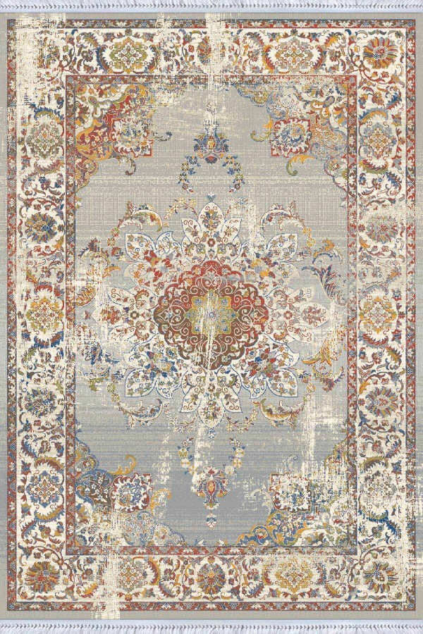 Gri Klasik Göbekli Dokuma Pamuk Taban Kaymaz Kilim KLM139