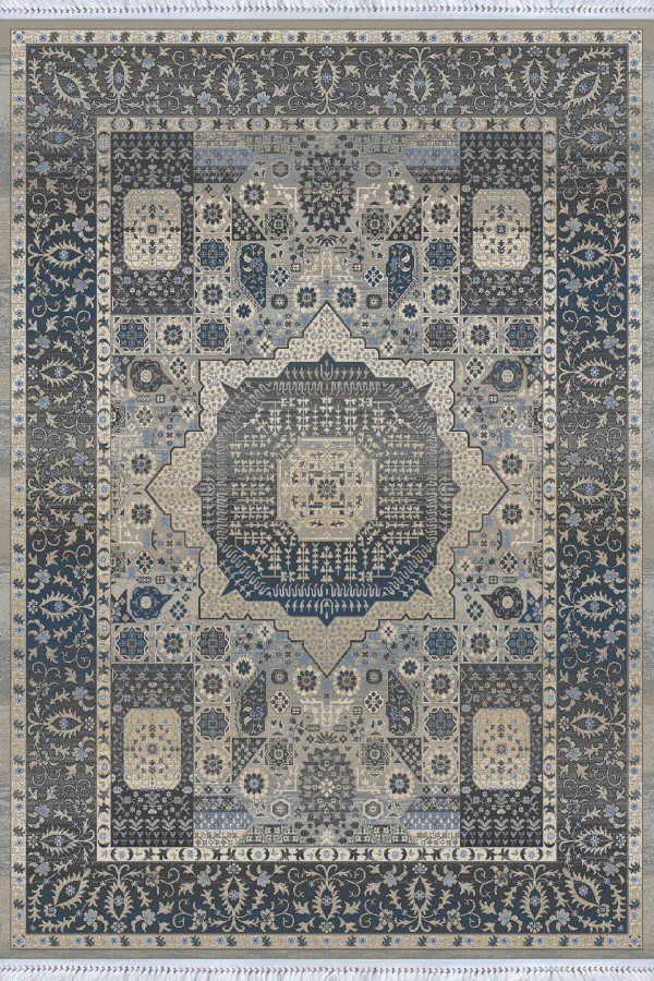 Gri Çerçeveli Dokuma Pamuk Tabanlı Kaymaz Kilim KLM202