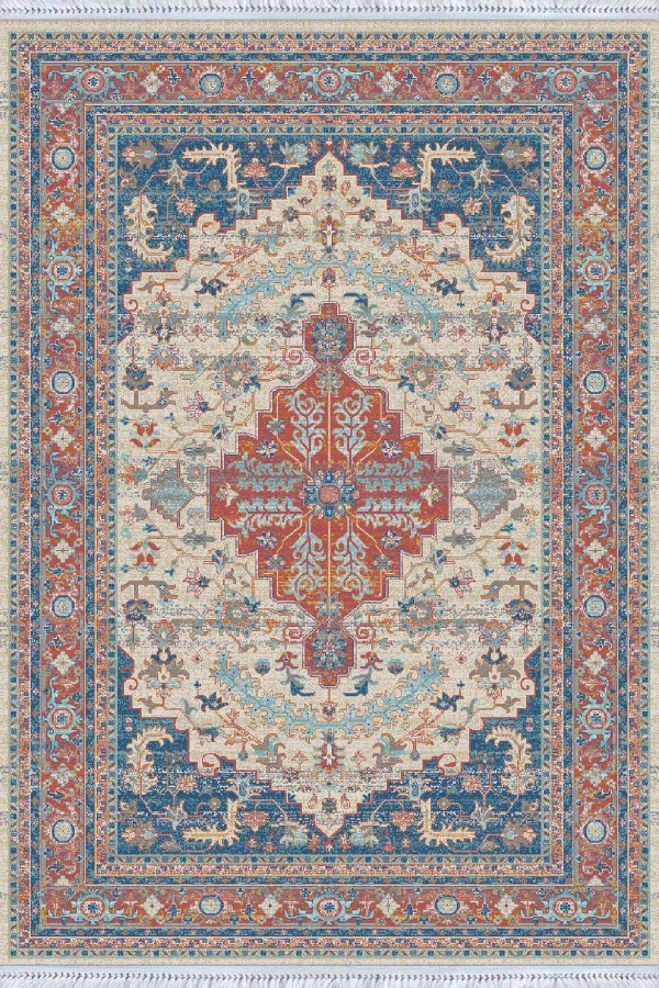 Mavi Klasik Göbekli Dokuma Pamuk Taban Kaymaz Kilim KLM207