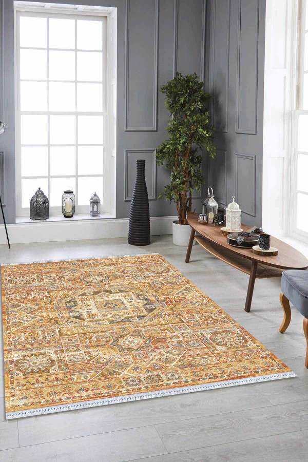 Sarı Vintage Dokuma Pamuk Tabanlı Kaymaz Kilim KLM251