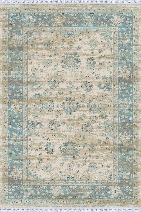 Turkuaz Çerçeveli Dokuma Pamuk Taban Kaymaz Kilim KLM265