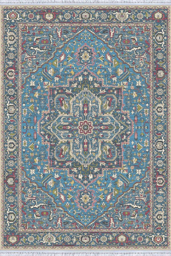 Mavi Klasik Göbekli Dokuma Pamuk Taban Kaymaz Kilim KLM309