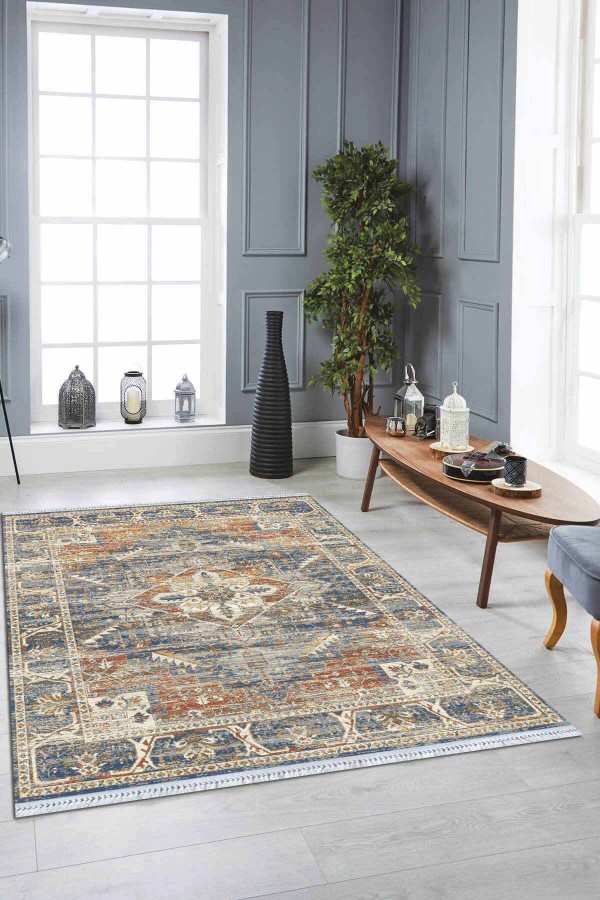 Renkli Klasik Göbekli Dokuma Pamuk Taban Kaymaz Kilim KLM315