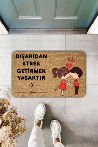 Bej Stres Getirmek Yasak Mutlu Çift  Kapı Önü Paspası KP02