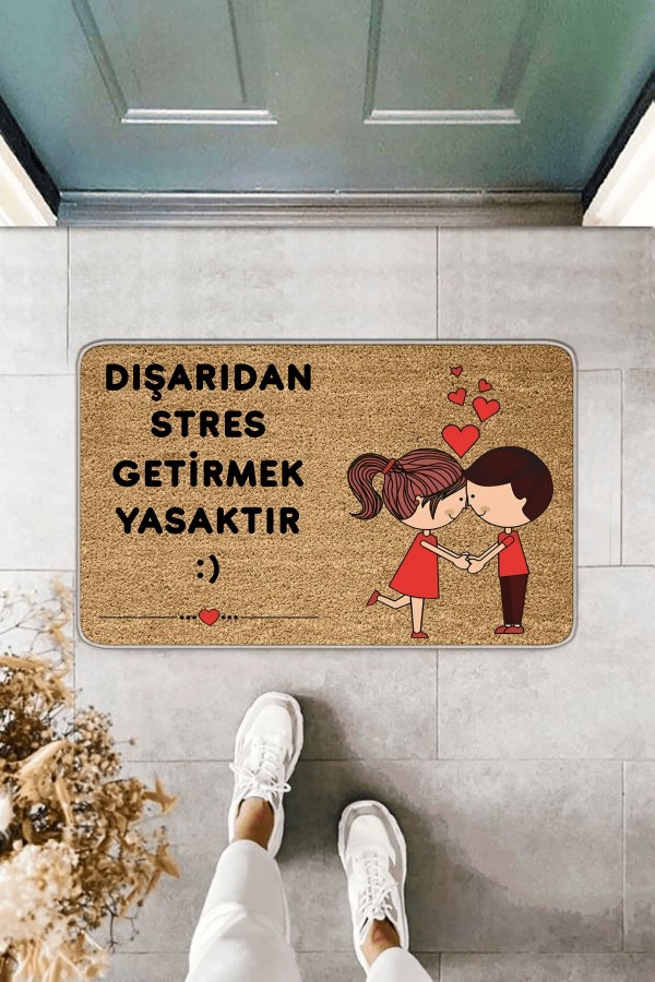 Bej Stres Getirmek Yasak Mutlu Çift  Kapı Önü Paspası KP02