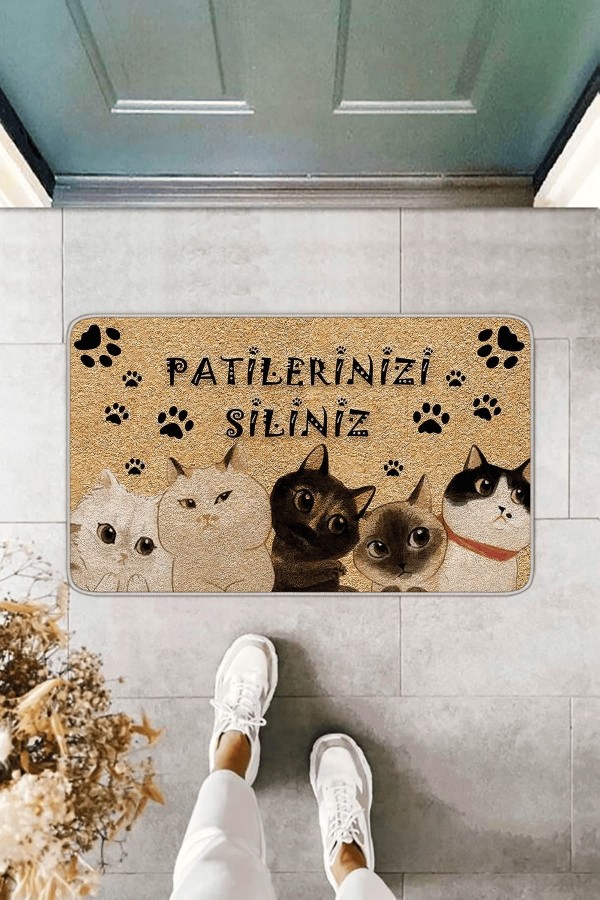 Bej Kedi Temalı Kapı Önü Paspası KP04