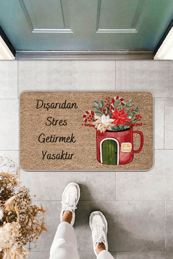 Bej Çiçekli Stres Getirmek Yasaktır Kapı Önü Paspası KP13